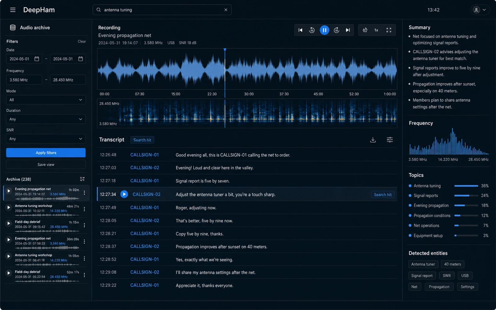 Interfață conceptuală DeepHam cu arhivă audio, waveform, spectrogramă și transcript populat