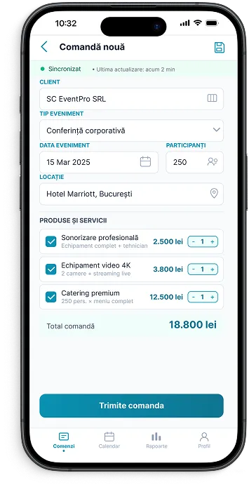 Formular de comandă nouă cu produse, servicii și total — funcțional și offline