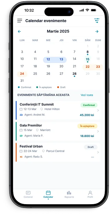 Calendar integrat cu evenimentele planificate și statusul fiecărei comenzi