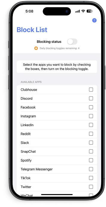 Lista de blocare LetMeBe cu aplicații disponibile și checkbox-uri pentru blocare selectivă