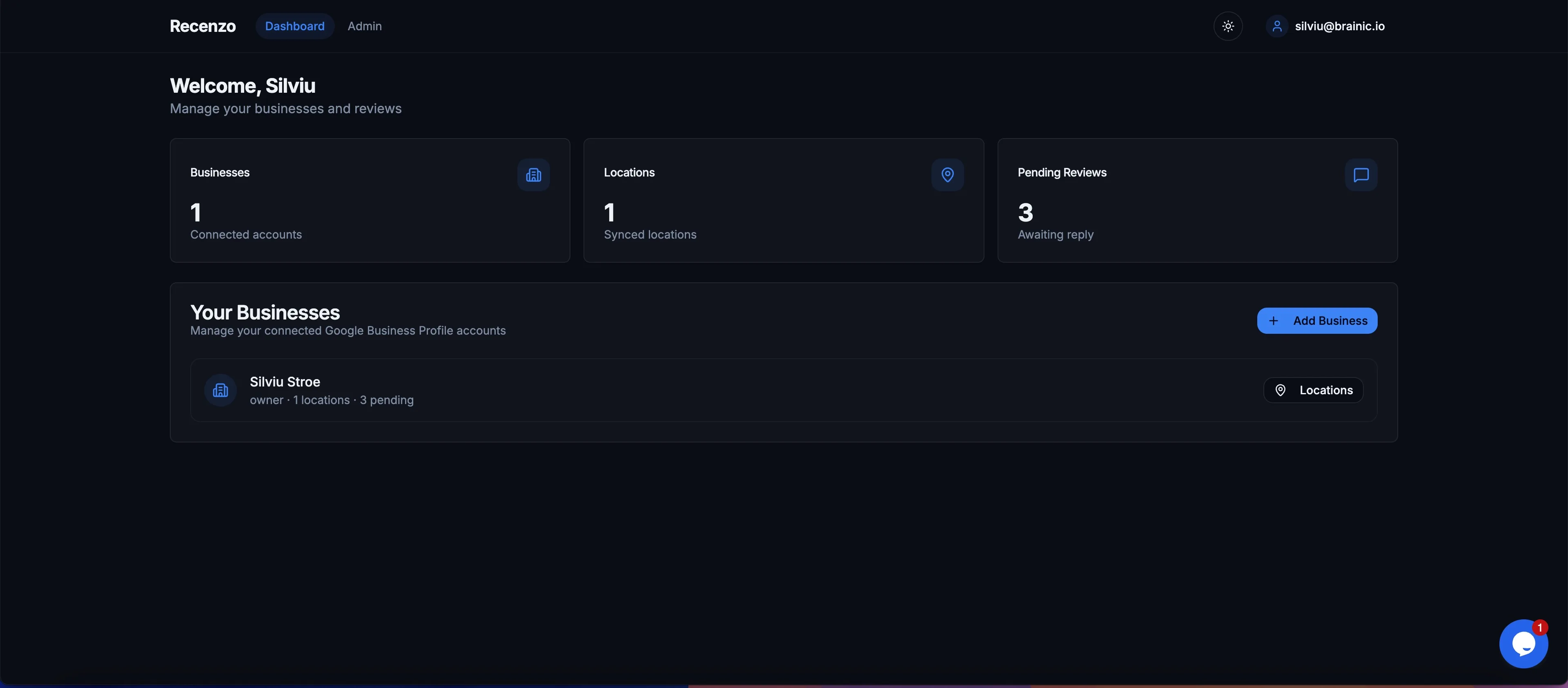 Dashboard Recenzo cu afaceri conectate, locații sincronizate și recenzii în așteptare