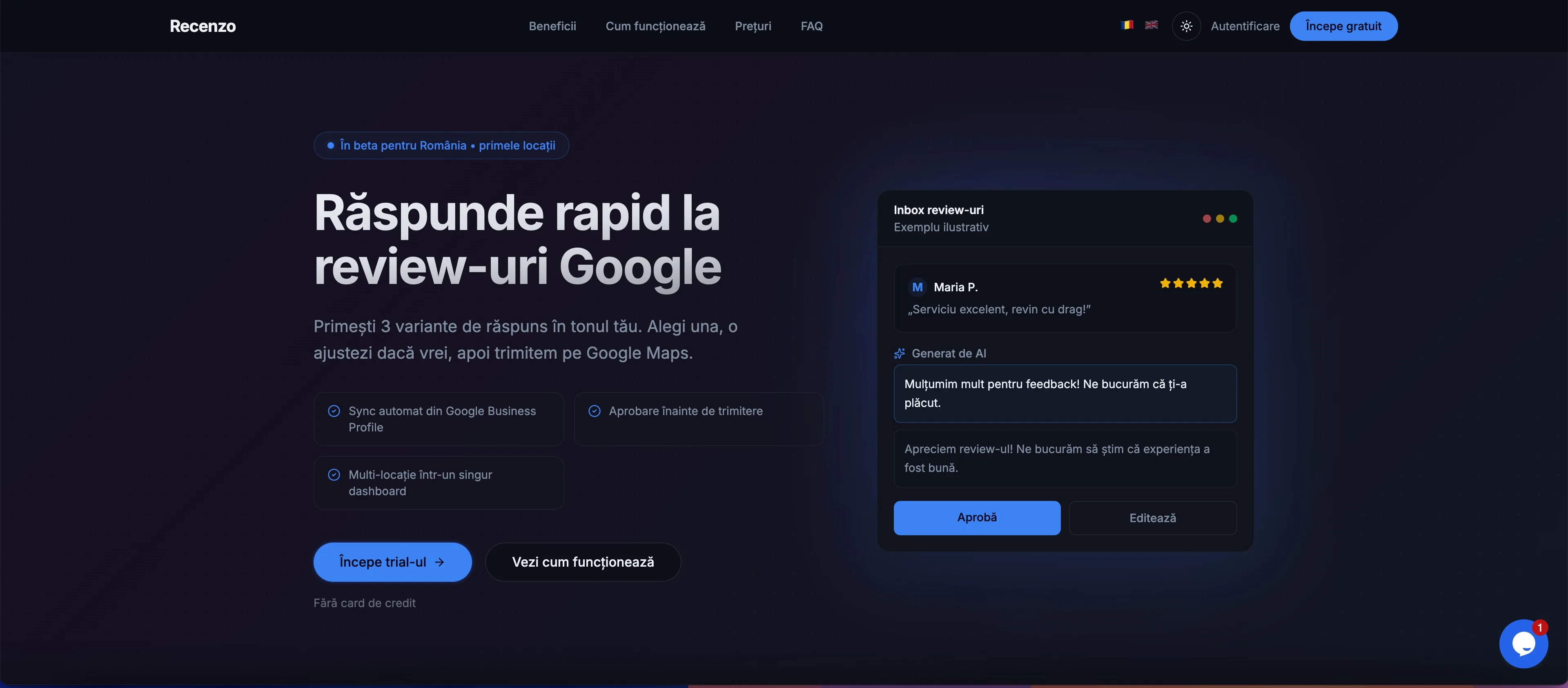 Pagina Recenzo cu demo de răspuns AI la recenzii și sincronizare Google Business Profile