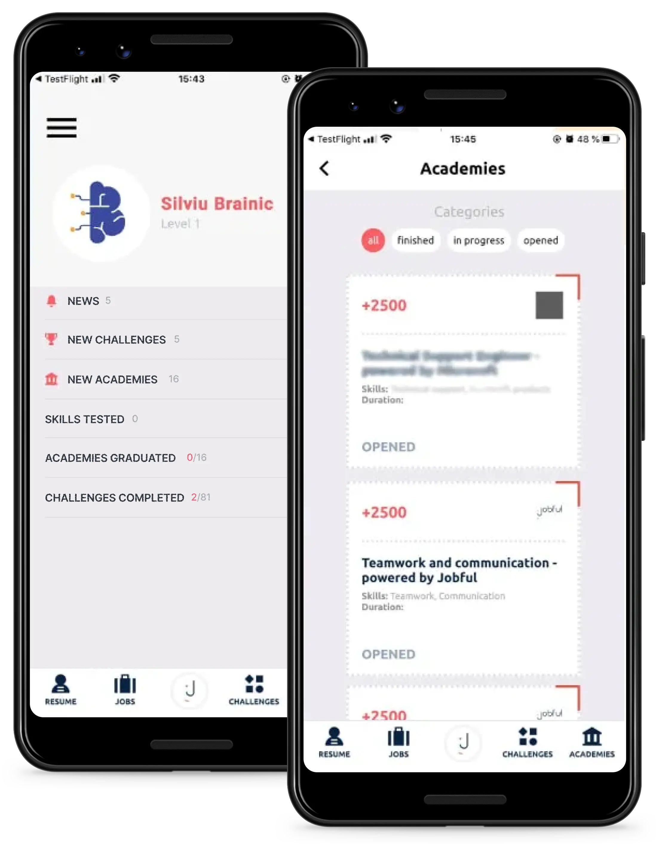 Ecranul principal și secțiunea Academies din aplicația Jobful