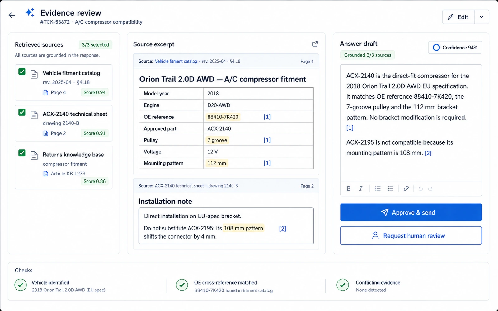 Interfață conceptuală SwiftShop cu surse recuperate, tabel de compatibilitate și răspuns citat